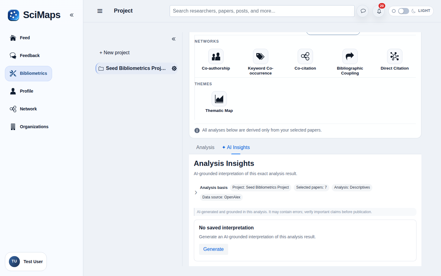AI Insights interface in SciMaps with sample research data