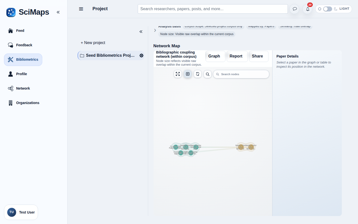 Bibliographic Coupling interface in SciMaps with sample research data