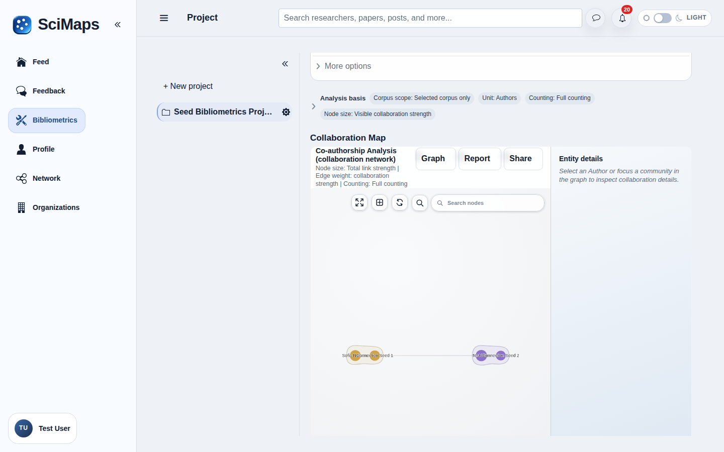 Co-authorship interface in SciMaps with sample research data
