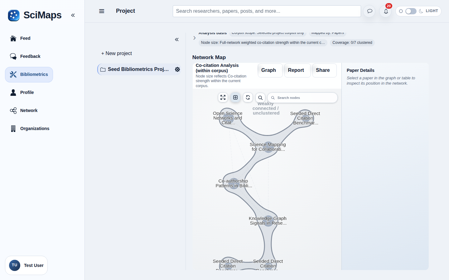 Co-citation interface in SciMaps with sample research data