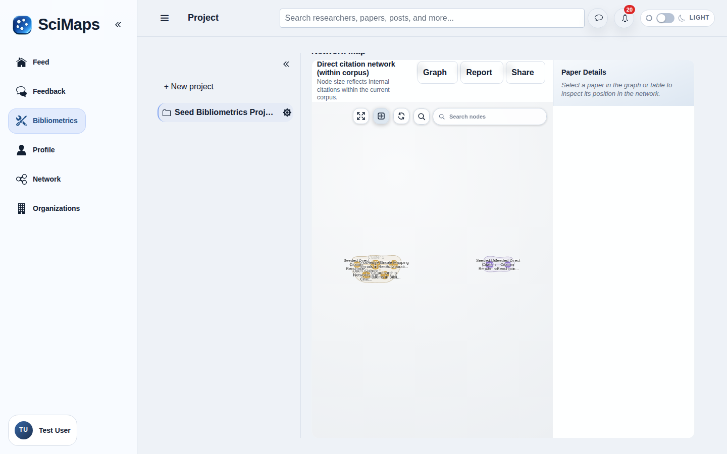 Direct Citation interface in SciMaps with sample research data