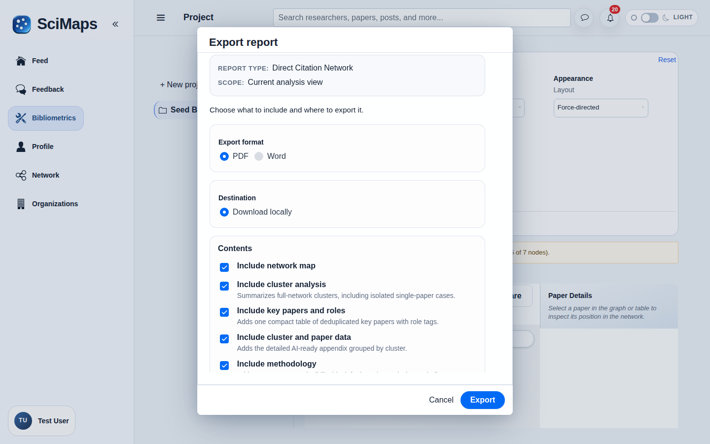 Research reports interface in SciMaps with sample research data